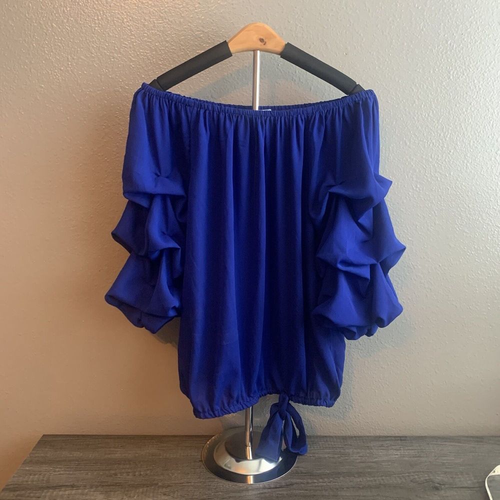 CeCe Chic Tie Front Blue Off the Shoulder Blouse Ruffled 3/4 Sleeve Sz Medium